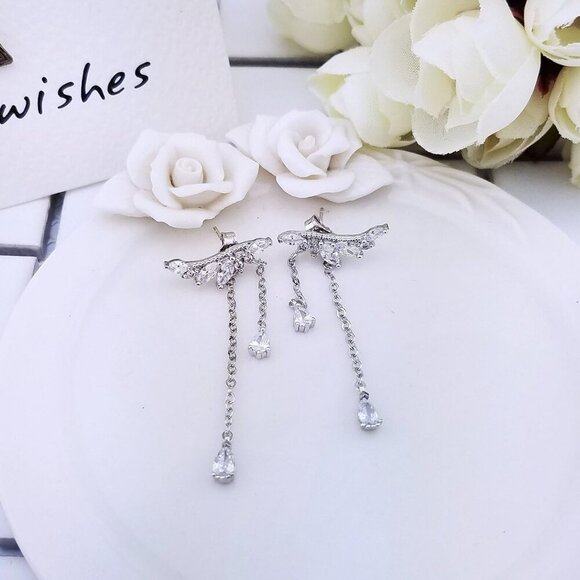 Angel's Wings Cubic Zirconia Ear Climber Dangle Earrings Women Jewelry - Picture 5 of 7